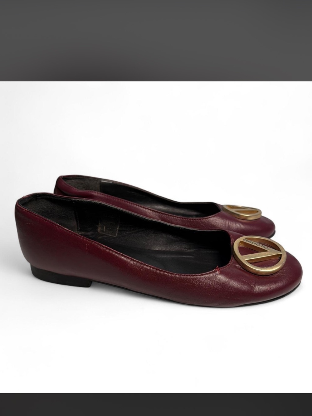Valentino Burgundy Leather Logo Ballet Flats with Gold Emblem